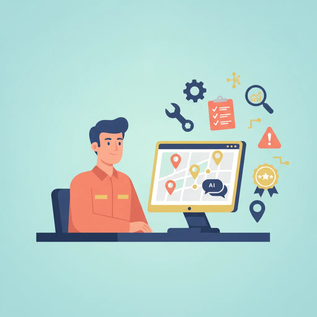 Vector illustration of a confident male contractor at a desk, viewing a monitor with map pins and AI chat.