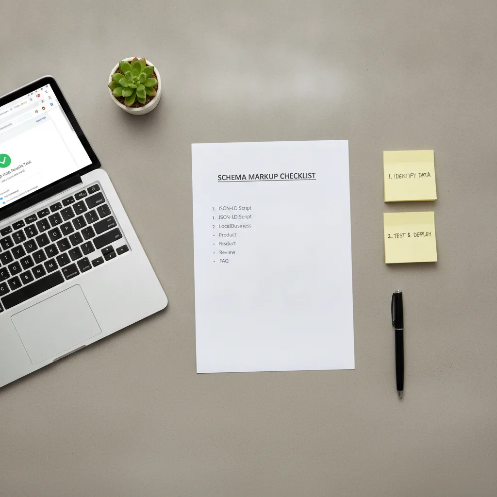Overhead flat-lay of a contractor's desk with a schema markup checklist, laptop, and sticky notes.