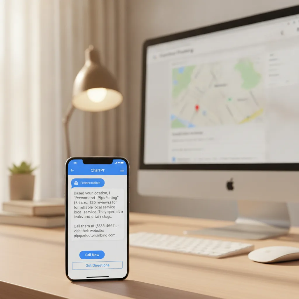 Smartphone showing a ChatGPT recommendation for a local plumber, with Google Maps on a desktop in a clean home office.