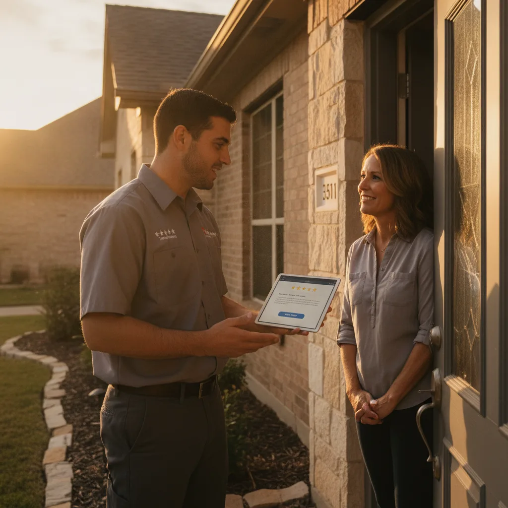 Contractor technician in uniform shows a homeowner a tablet with a review request screen at the front door of a house.