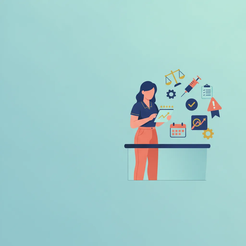 Vector illustration of a weight loss clinic owner at a desk reviewing a tablet, surrounded by icons like a scale, syringe, and checklist.