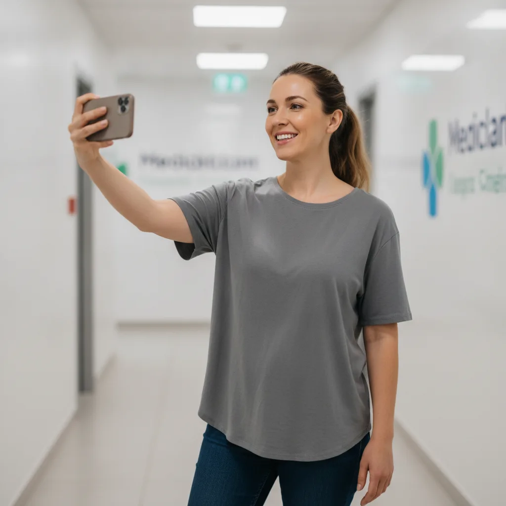 A smiling woman in casual clothes records a selfie video in a clinic hallway with blurred branding in the background.