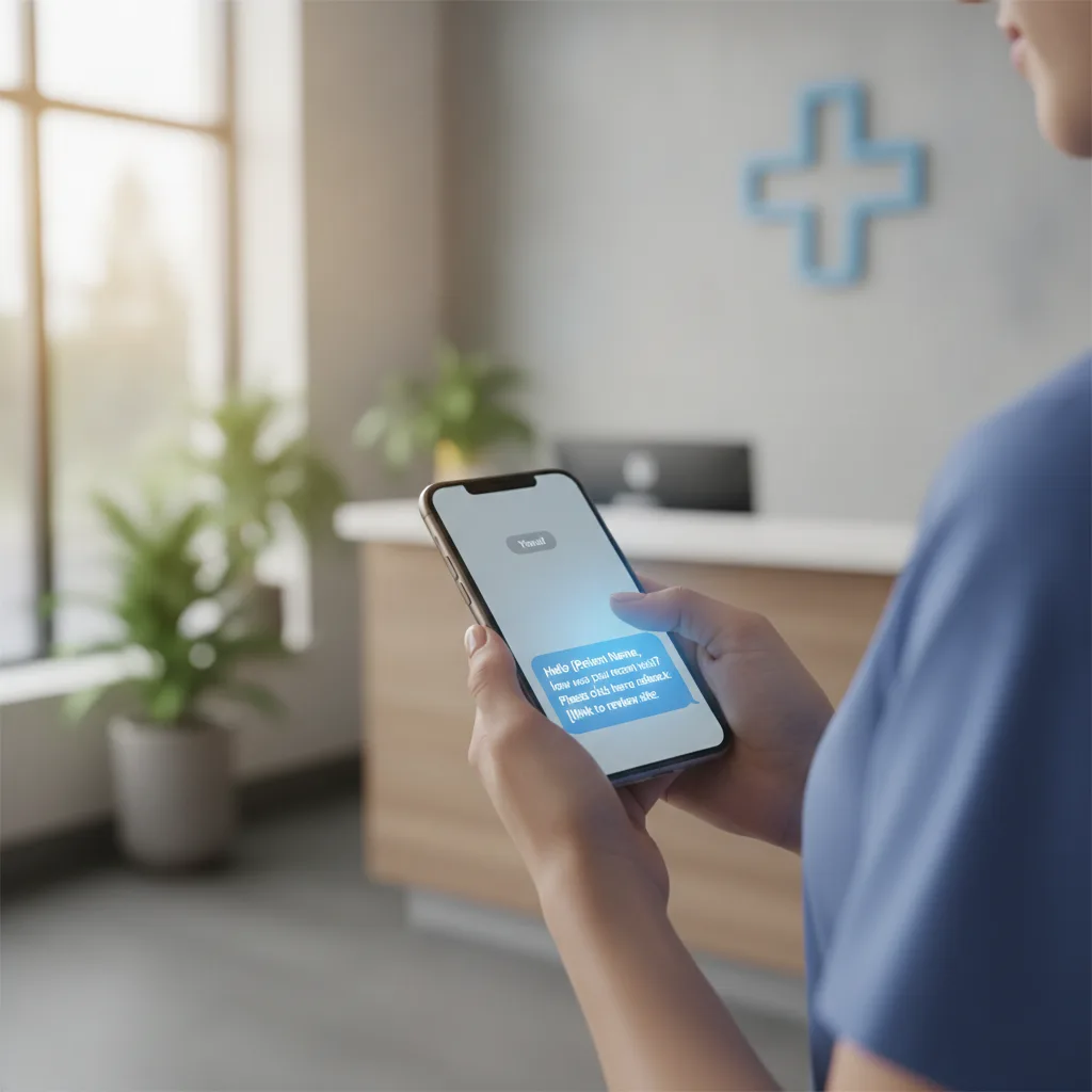 Hands hold a smartphone displaying a glowing SMS review request in a bright, clean medical clinic reception area.