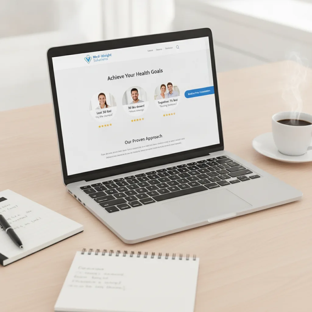 A laptop displays a medical weight loss landing page with testimonials, ratings, and a booking button, set on a professional desk.