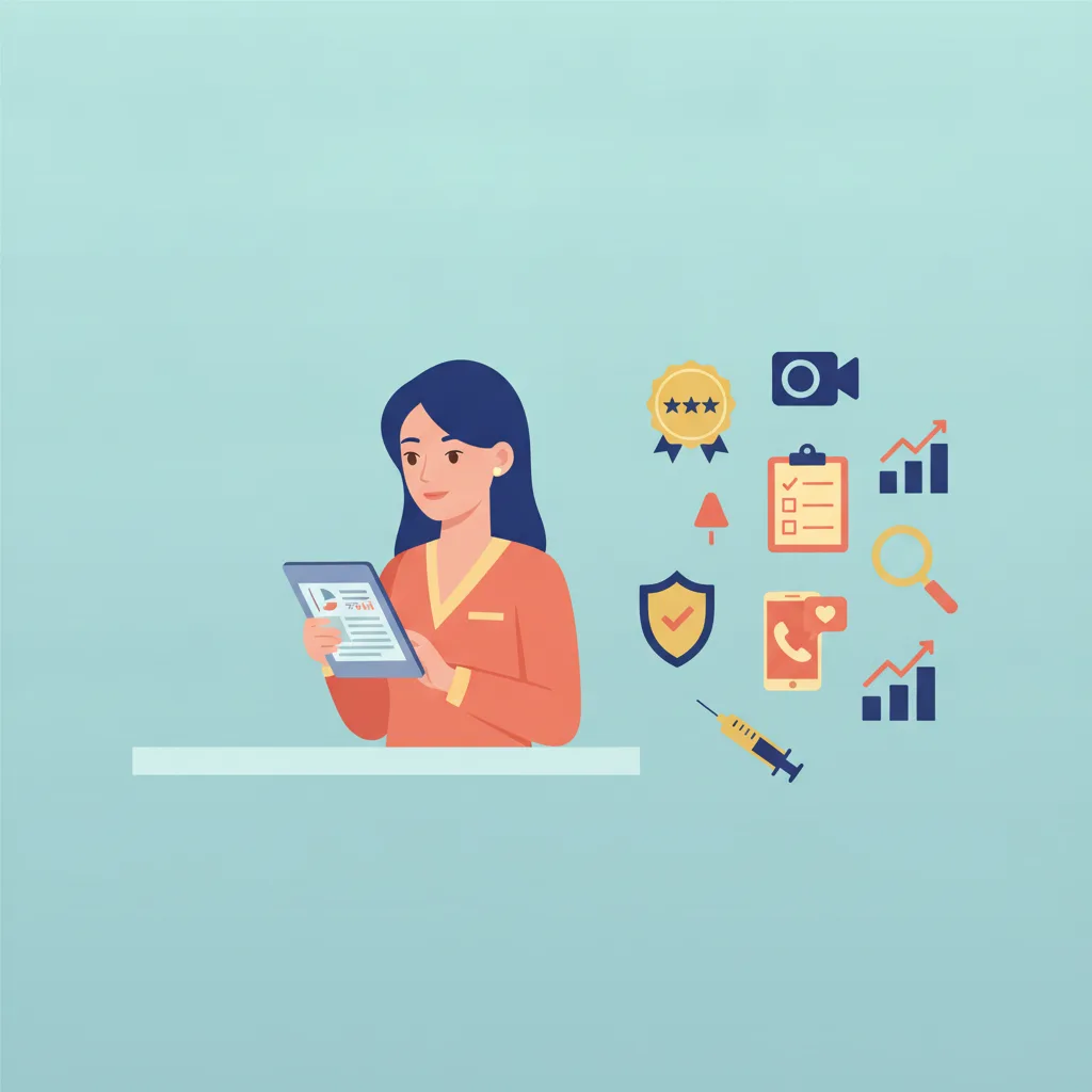 Female clinic coordinator on tablet with medical and business icons.