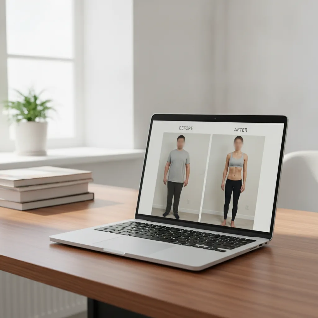 A laptop on a wooden desk displays anonymized weight loss before-and-after photos in a physician's office.