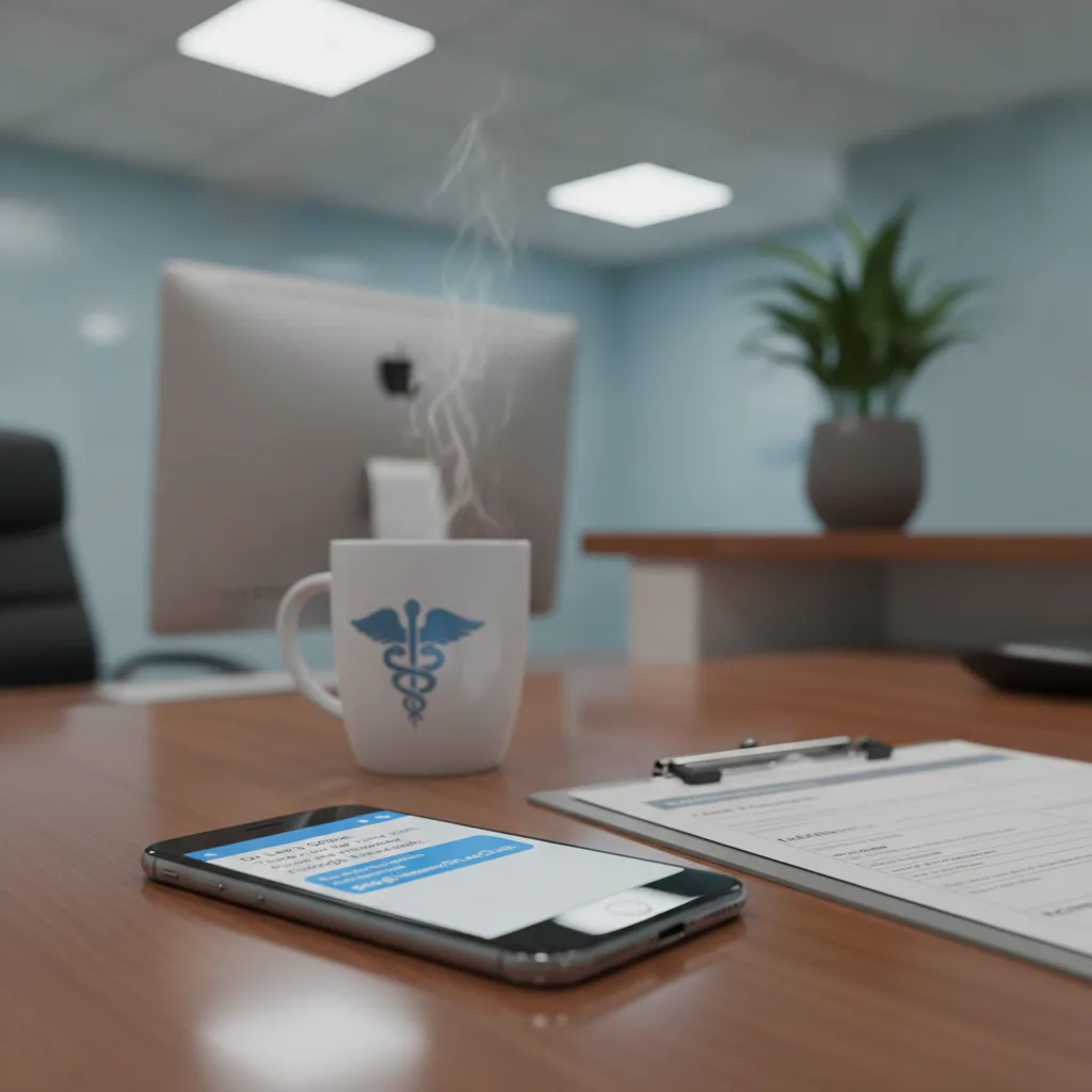 A smartphone on a medical reception desk shows an SMS with a Google review link, next to a coffee mug and clipboard.