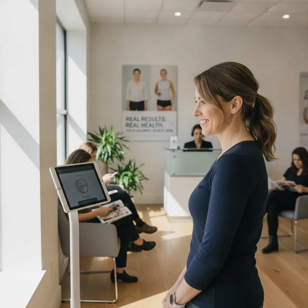 A woman smiles at a tablet on a stand in a bright, modern medical weight loss clinic waiting room.