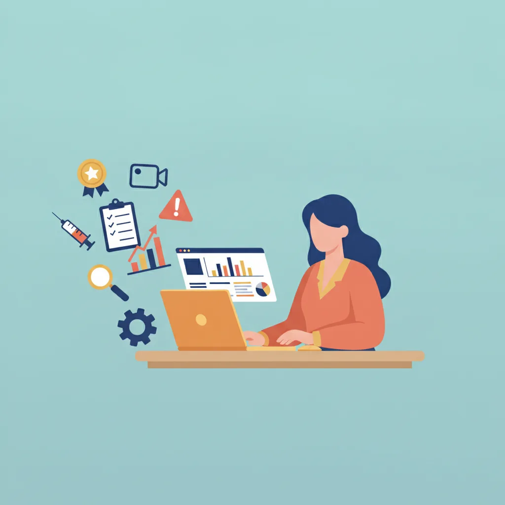 A vector illustration of a weight loss clinic operator reviewing patient data on a laptop, surrounded by icons.