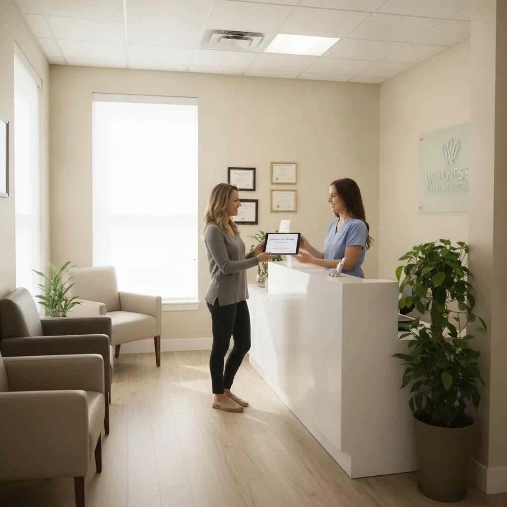 Medical weight loss clinic reception area with a staff member handing a tablet to a patient.
