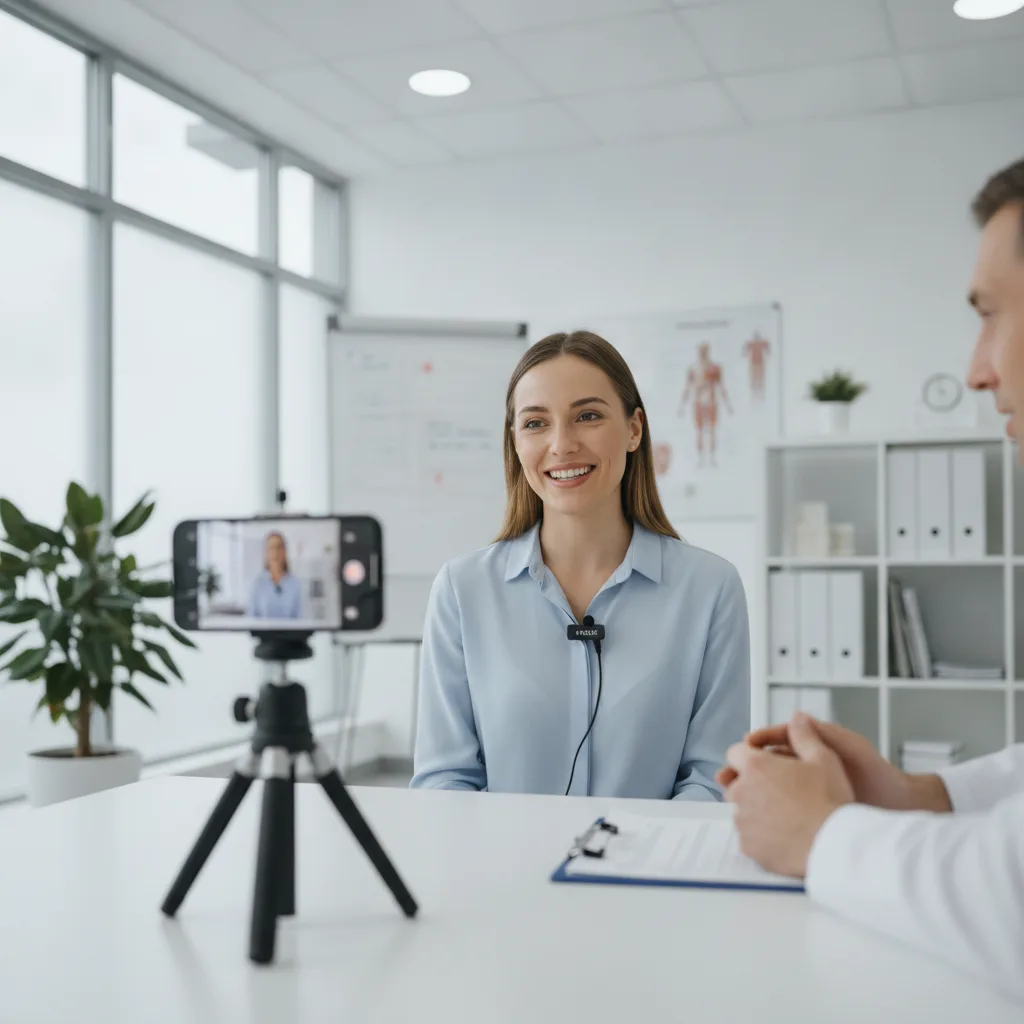 A patient is being filmed for a video testimonial in a clinical consultation room, with an iPhone on a tripod.