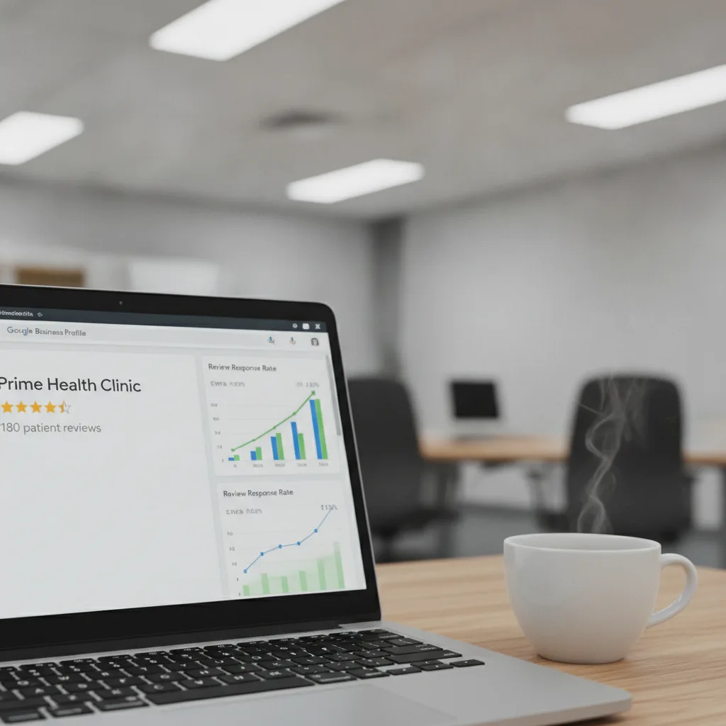 Laptop displaying Google Business Profile with high ratings and review analytics, alongside a coffee cup in a sharp office setting.