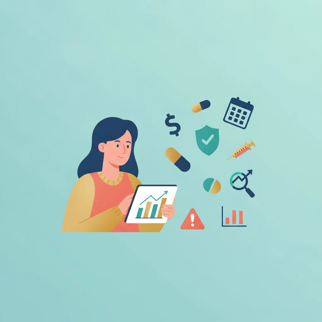 A woman holds a tablet displaying a chart while medical and financial icons float around her, depicting medication cost comparison.