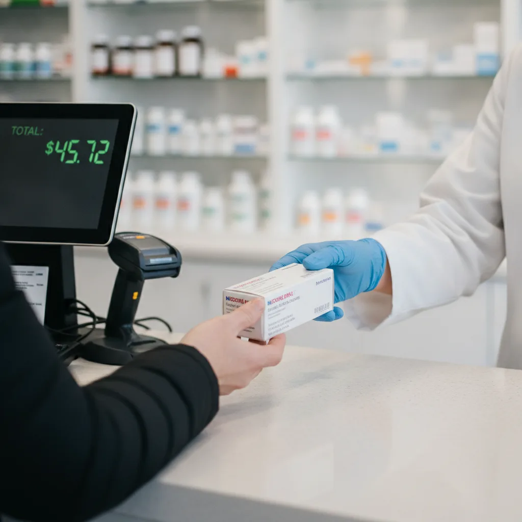 A pharmacist's gloved hands slide a medication box to a customer at a modern pharmacy counter with a digital price display.