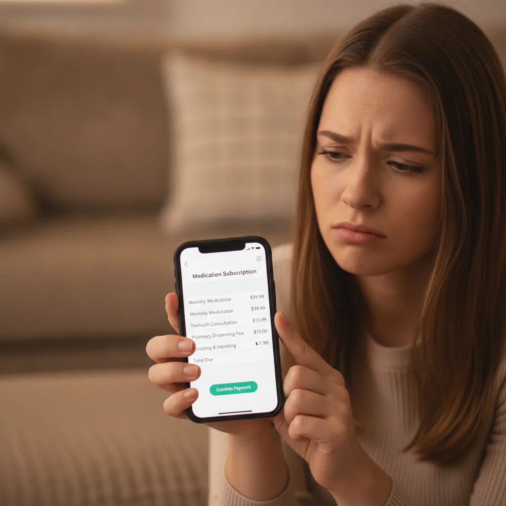 A person staring at a telehealth app on their smartphone showing a medication subscription fee breakdown with multiple line items, with a look of mild concern.