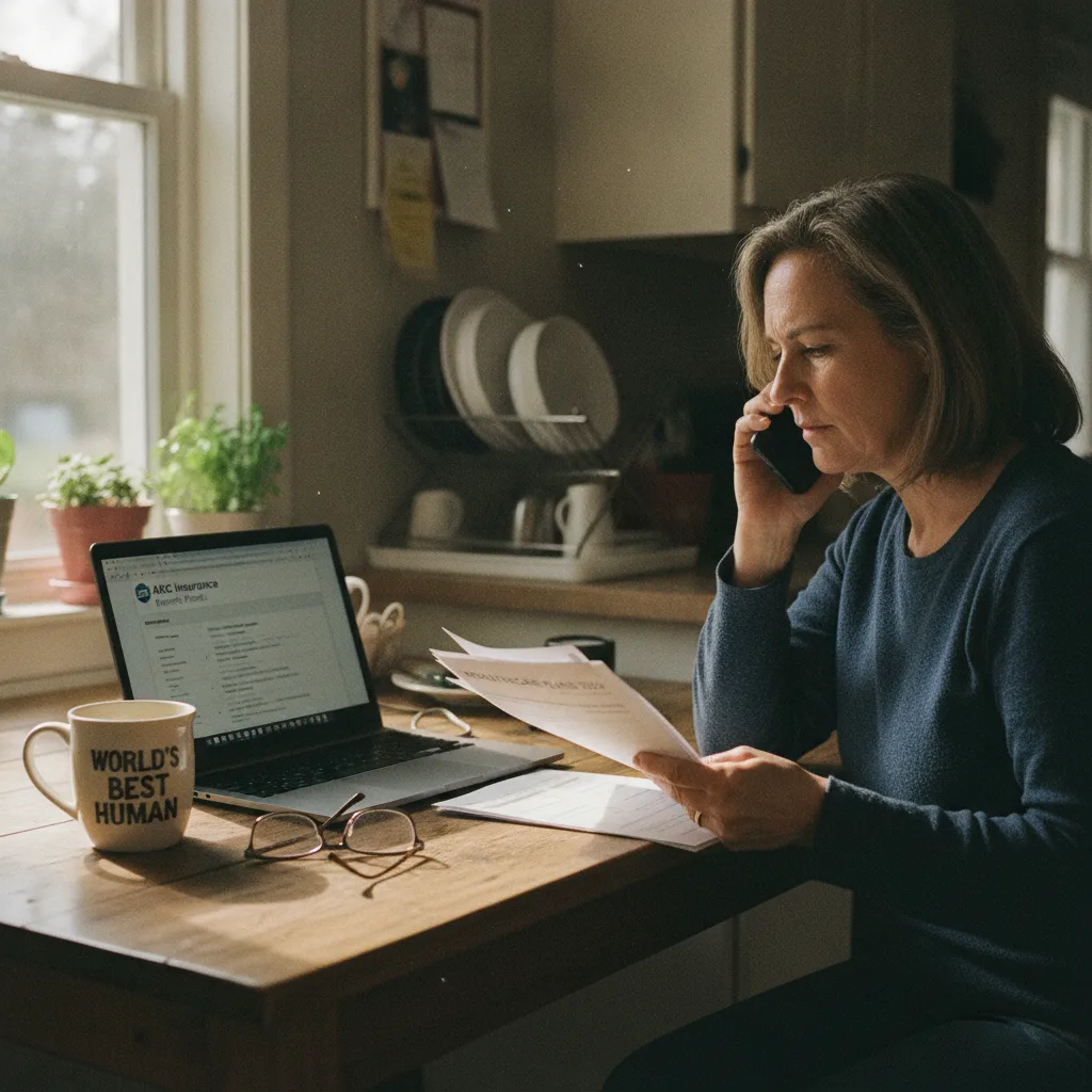 A middle-aged woman on the phone, reviewing insurance documents at her kitchen table with a laptop and coffee mug.