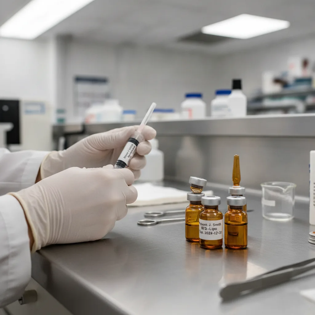 A pharmacist's gloved hands preparing an injectable syringe next to amber vials on a stainless steel counter.