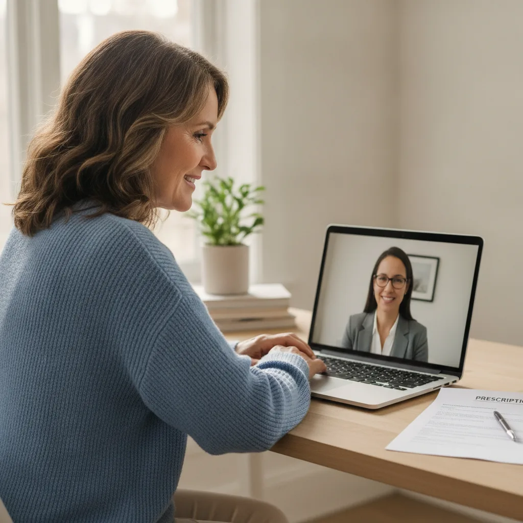 A middle-aged woman smiles during a telehealth consultation with a clinician on her laptop, prescription paperwork nearby.