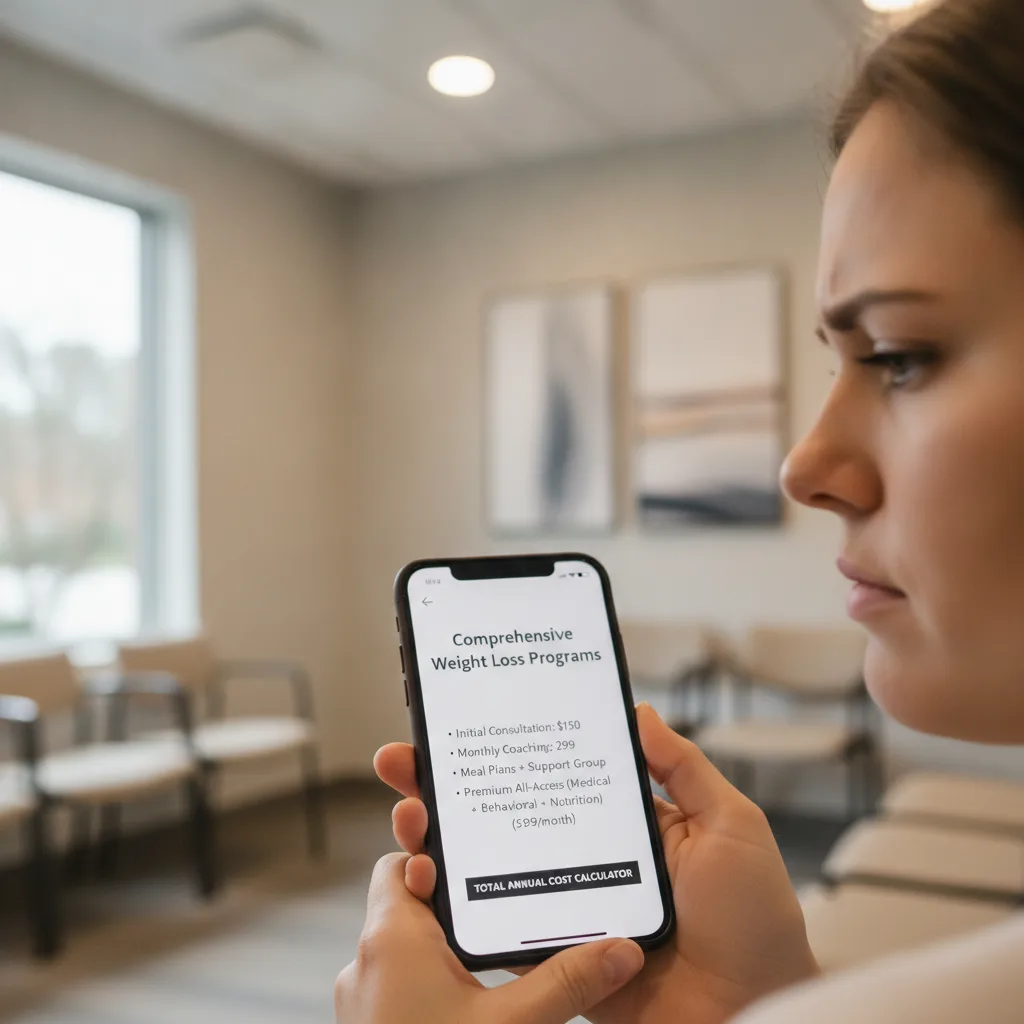 A woman with a slightly tense expression in a waiting room, holding a smartphone and reading a weight loss clinic pricing page.