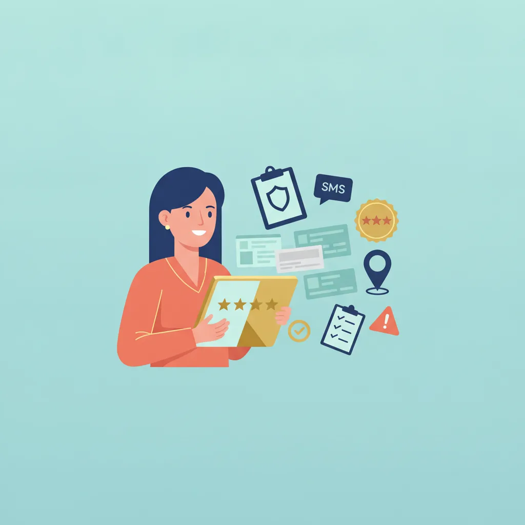 Flat vector illustration of a care coordinator holding a tablet with patient reviews and icons like a clipboard and map pin.