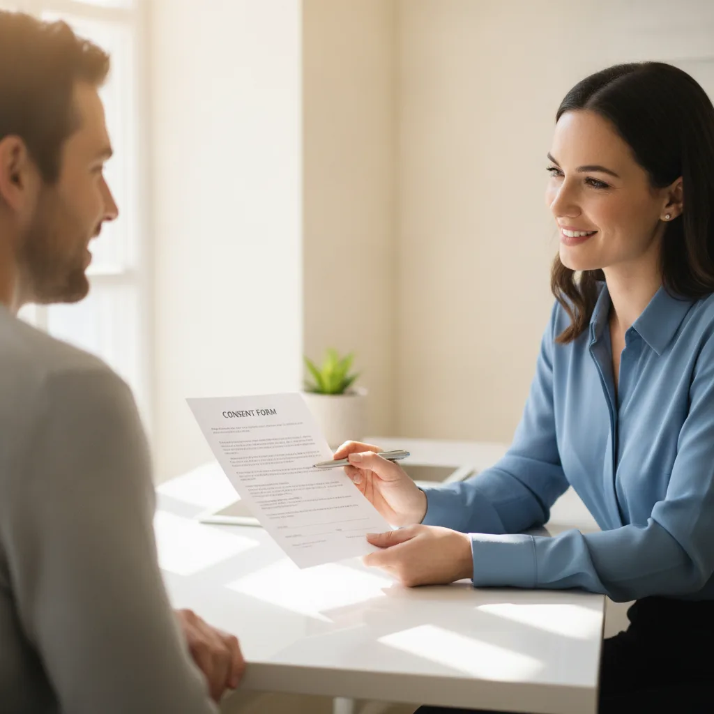 A clinic care coordinator holding a consent form and pen while consulting with a patient at a bright, clean desk.
