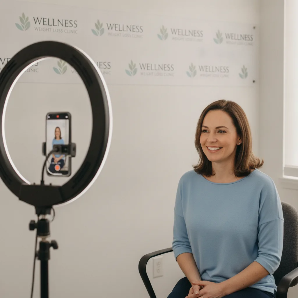 A weight loss patient records a video testimonial in a clinic, illuminated by a ring light.