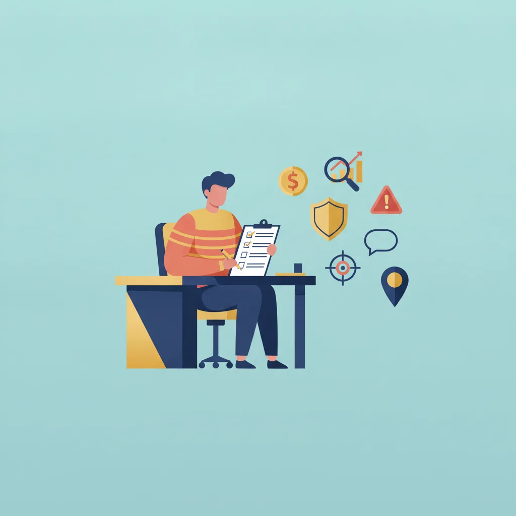 Flat vector illustration of a business owner at a desk with a checklist, surrounded by business icons on a cyan background.