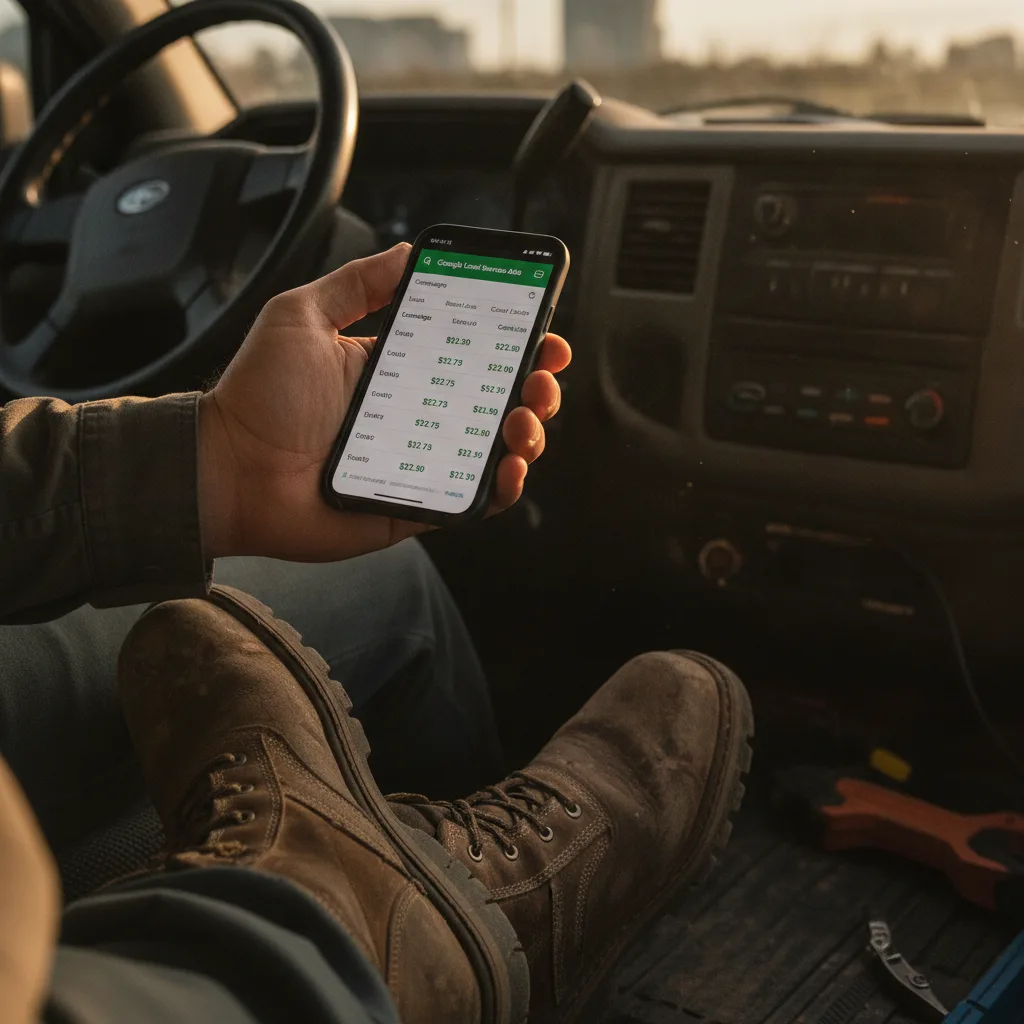 A contractor in work boots sits in a truck cab, reviewing a Google Local Services Ads dashboard on a smartphone.