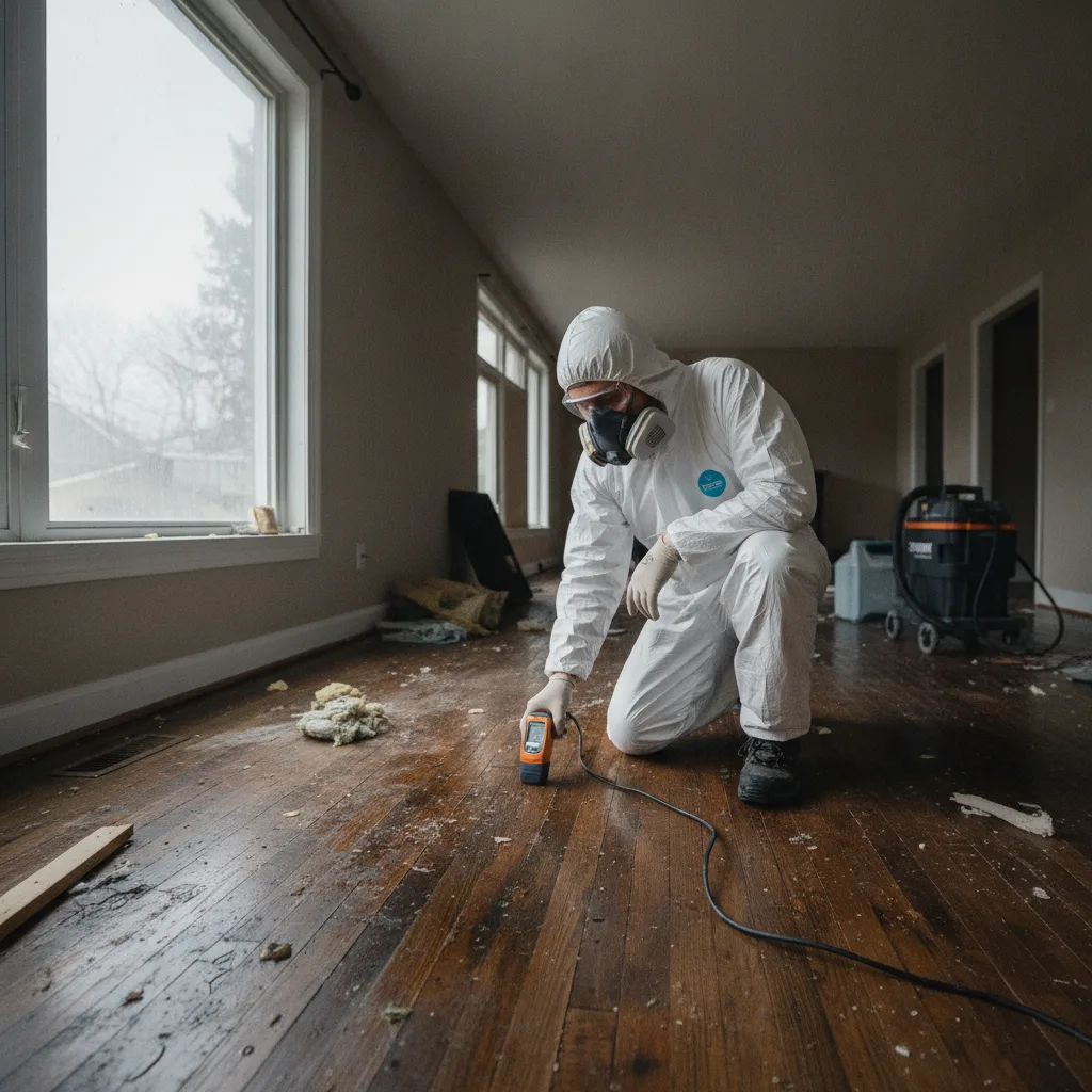 Restoration technician in Tyvek suit using moisture meter on water-damaged hardwood floor