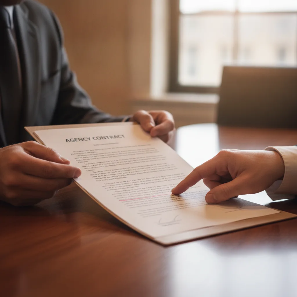 A close-up of two hands across a conference table, one holding an agency contract, the other pointing to a clause.
