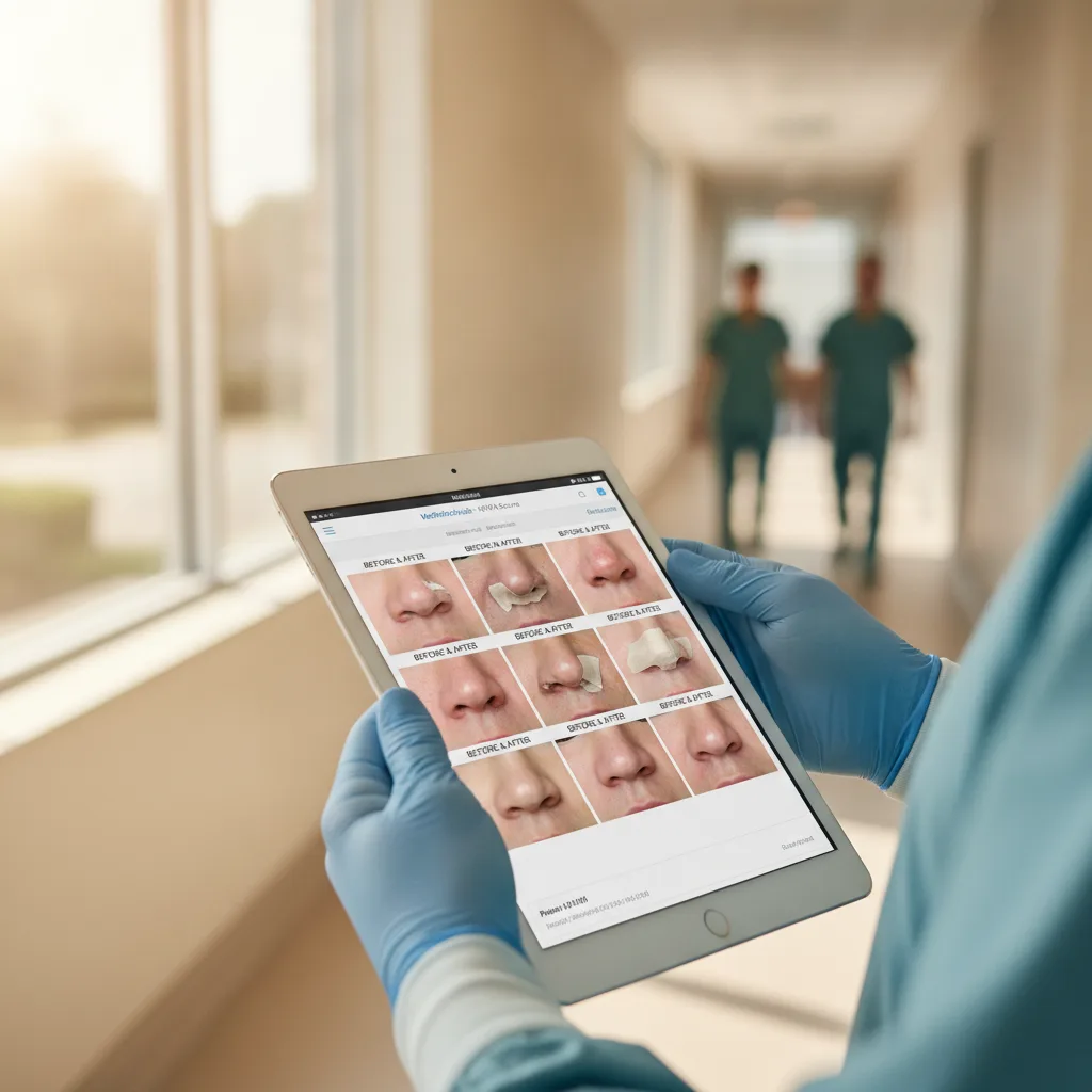 Surgeon's gloved hands hold a tablet showing rhinoplasty before-and-after photos in a bright clinic hallway.