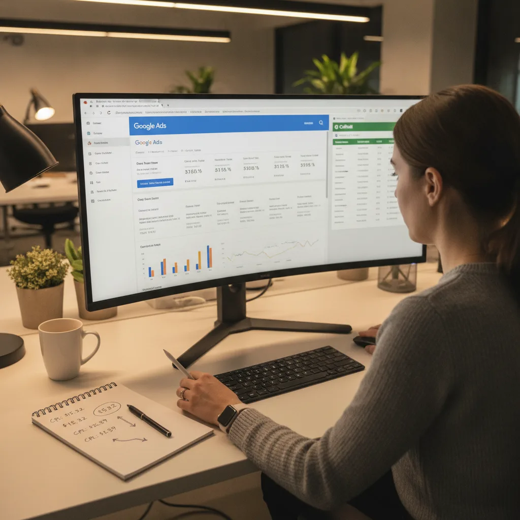 A marketing specialist analyzes a Google Ads dashboard and CallRail interface on a large monitor.