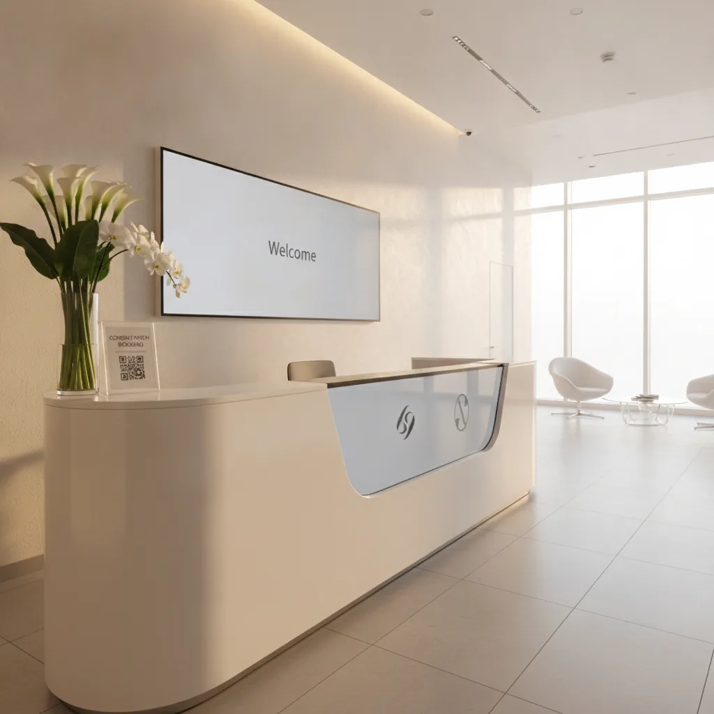 A modern, upscale plastic surgery clinic reception with a sleek desk, white flowers, and natural light.