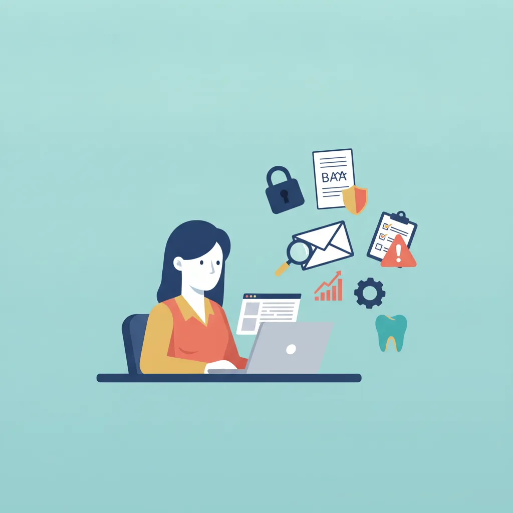 A flat vector illustration of an office manager reviewing email marketing on a laptop with security and dental icons floating.