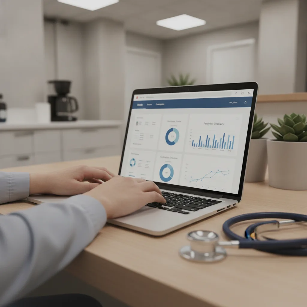 Close-up of hands typing on a laptop in a dental office break room, stethoscope nearby.