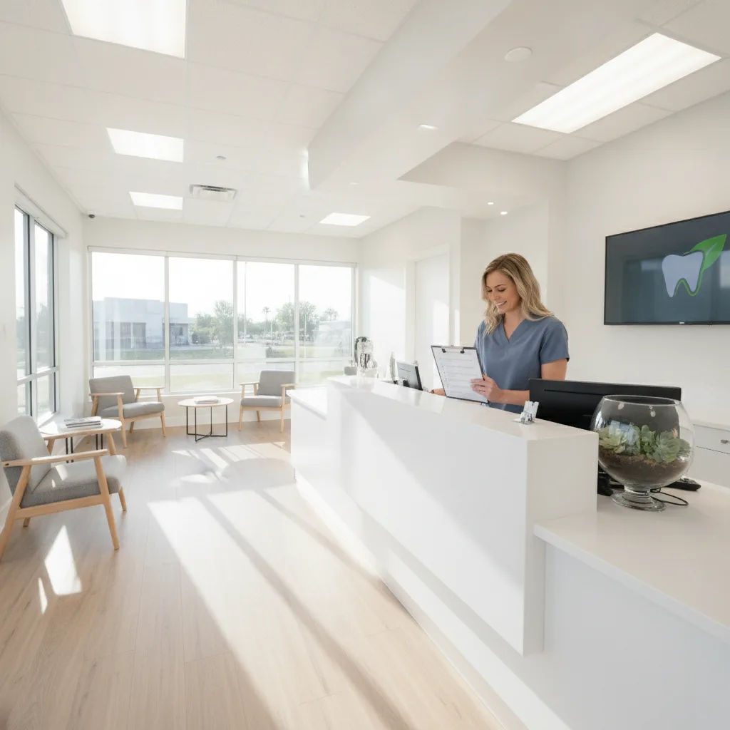 Wide-angle photograph of a modern dental practice reception area with a staff member reviewing a checklist.