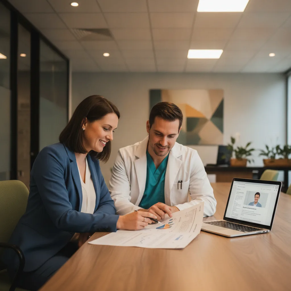 Dental office manager and dentist in scrubs review a printed document and laptop with email draft at a conference table.