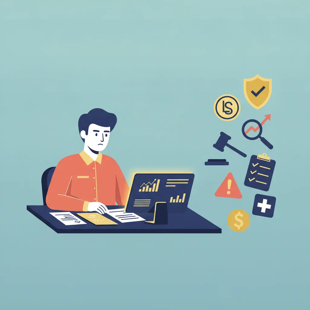 Flat vector illustration of a professional at a desk reviewing compliance documents and a digital dashboard.