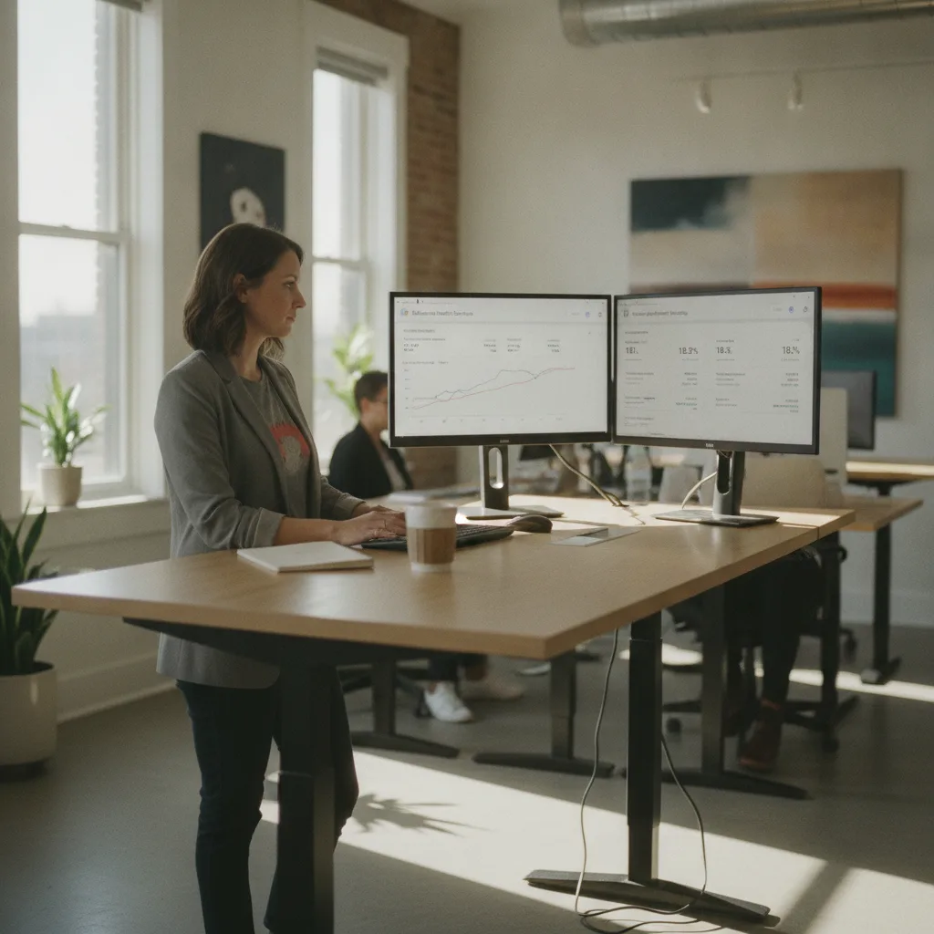 A digital marketing analyst at a standing desk views a Google Ads dashboard on dual monitors in a modern office.