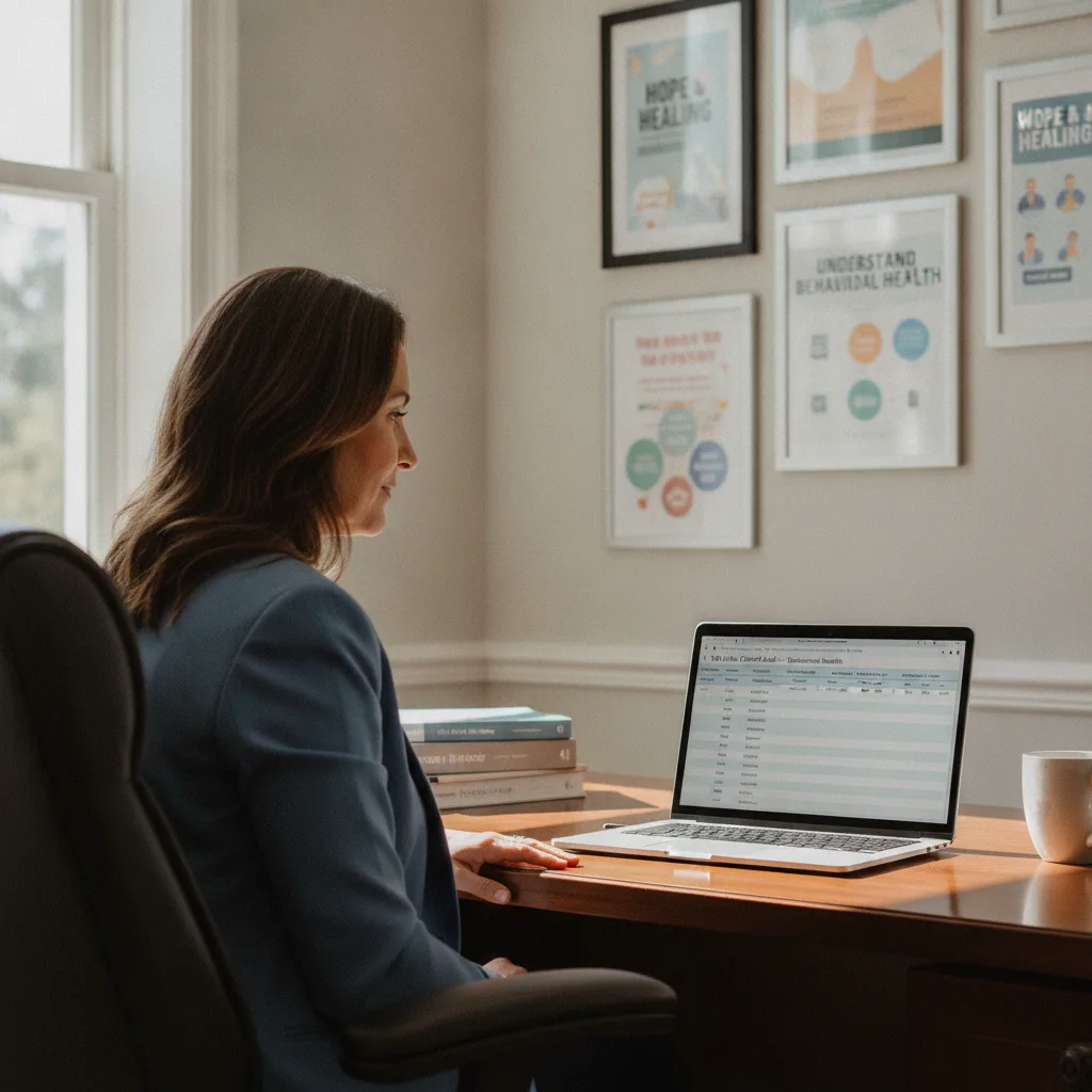 A treatment center administrator on a video call, viewing a content audit spreadsheet in a well-lit office.
