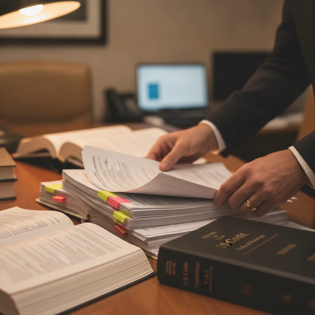 Close-up of a compliance officer's hands sorting regulatory documents, highlighted statutes on a conference table.