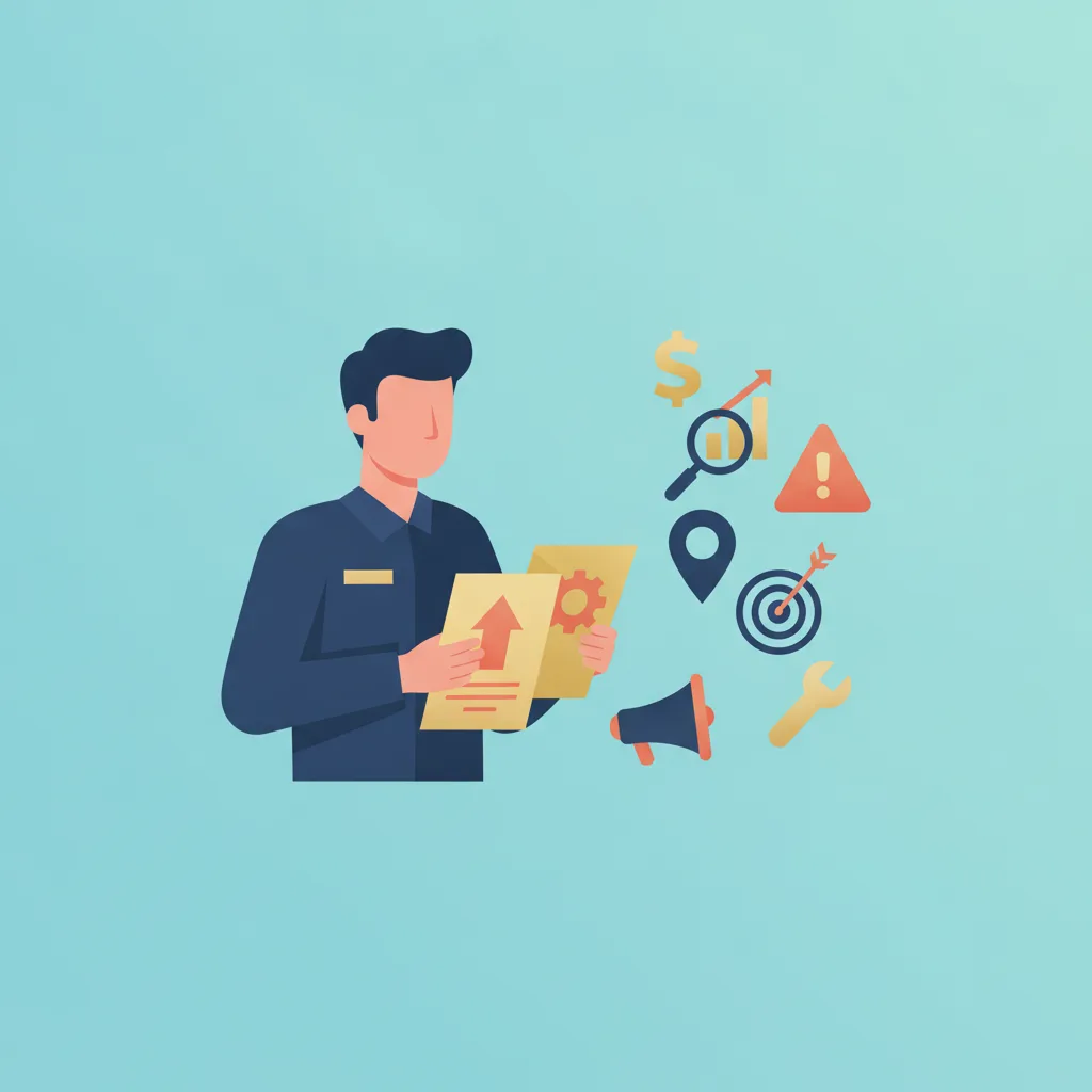 A flat, lightly-shaded vector illustration of a plumbing contractor reviewing documents with various marketing and business icons.