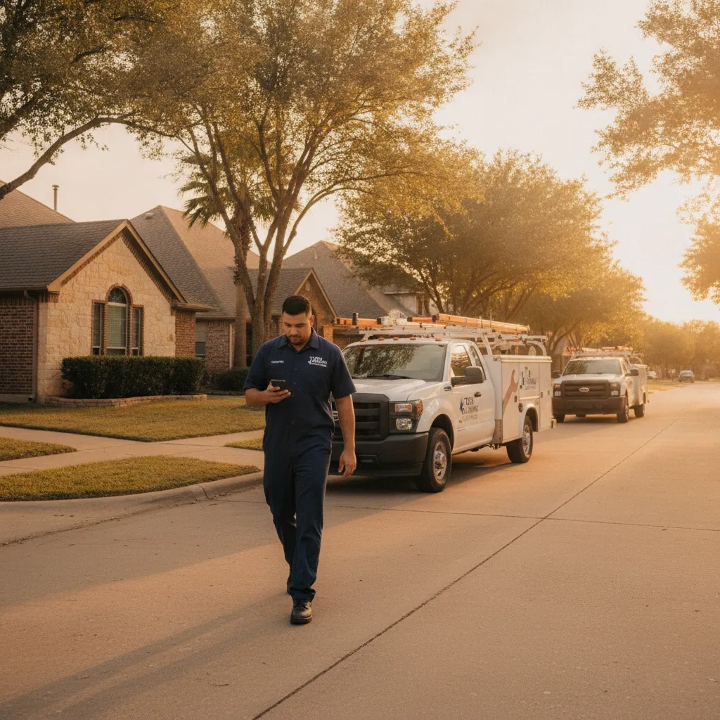 A plumber in uniform walks toward a white service truck in a suburban Texas neighborhood during golden hour.