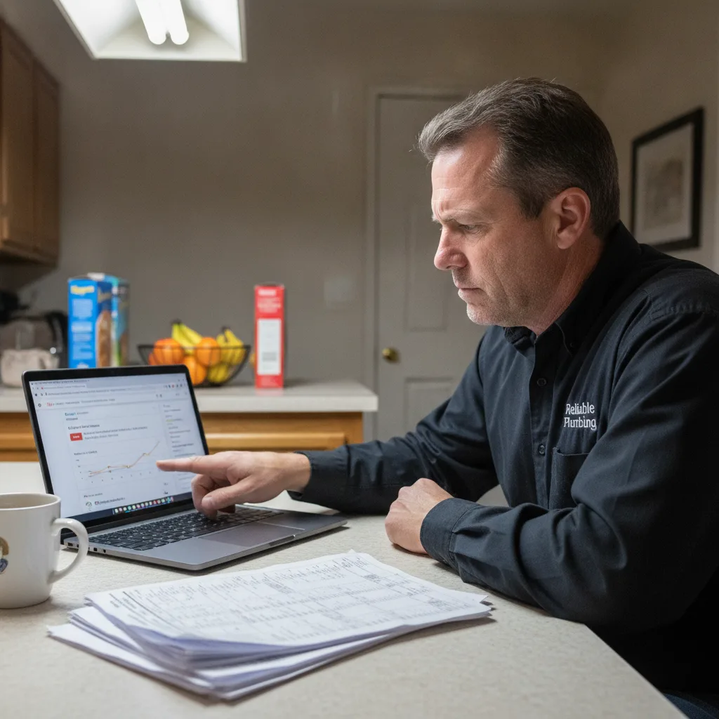 A plumbing business owner at a kitchen table reviews cost sheets and a laptop showing a Google Ads campaign.