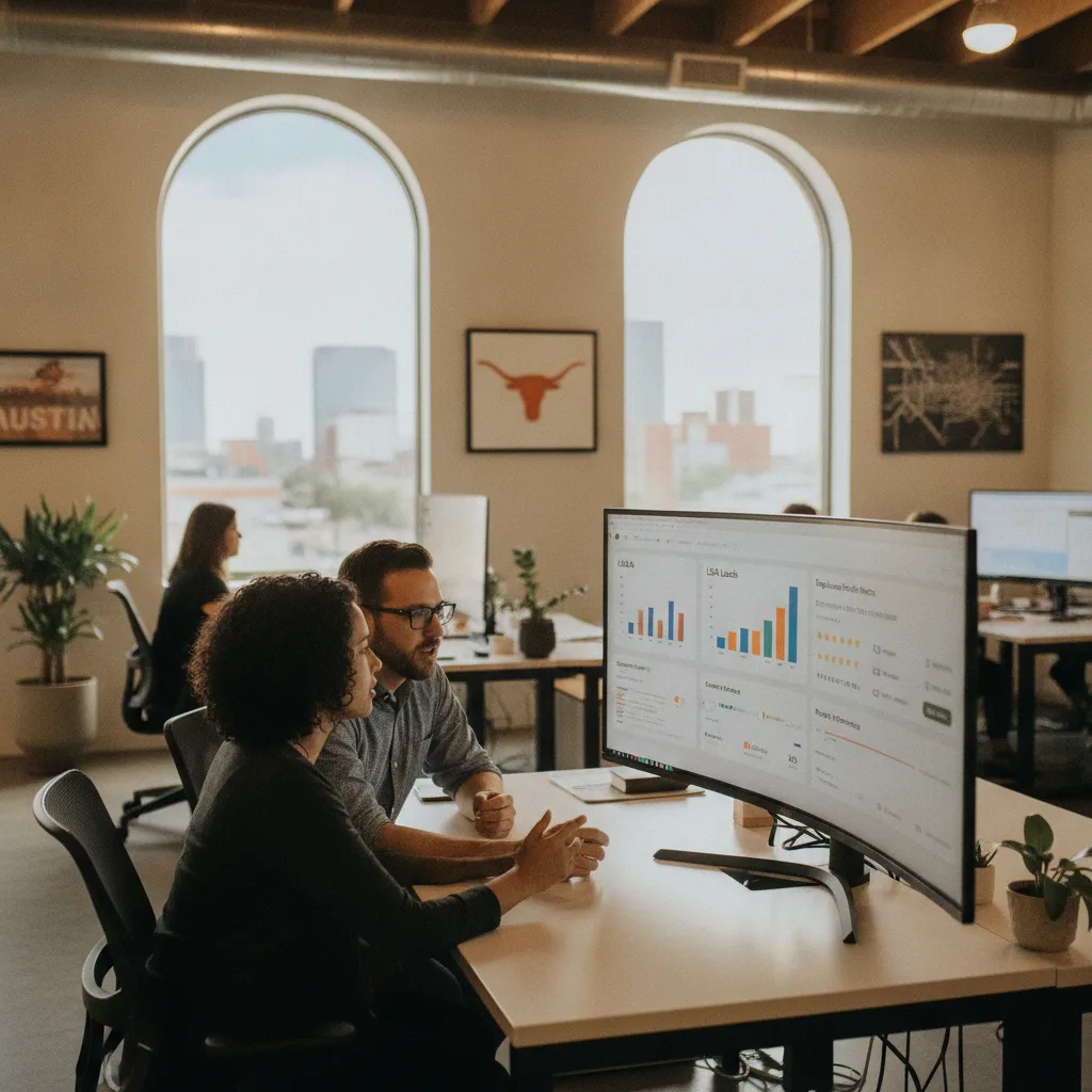 Two marketing specialists reviewing a plumbing client dashboard on a large monitor in an open-plan office in Austin, Texas.