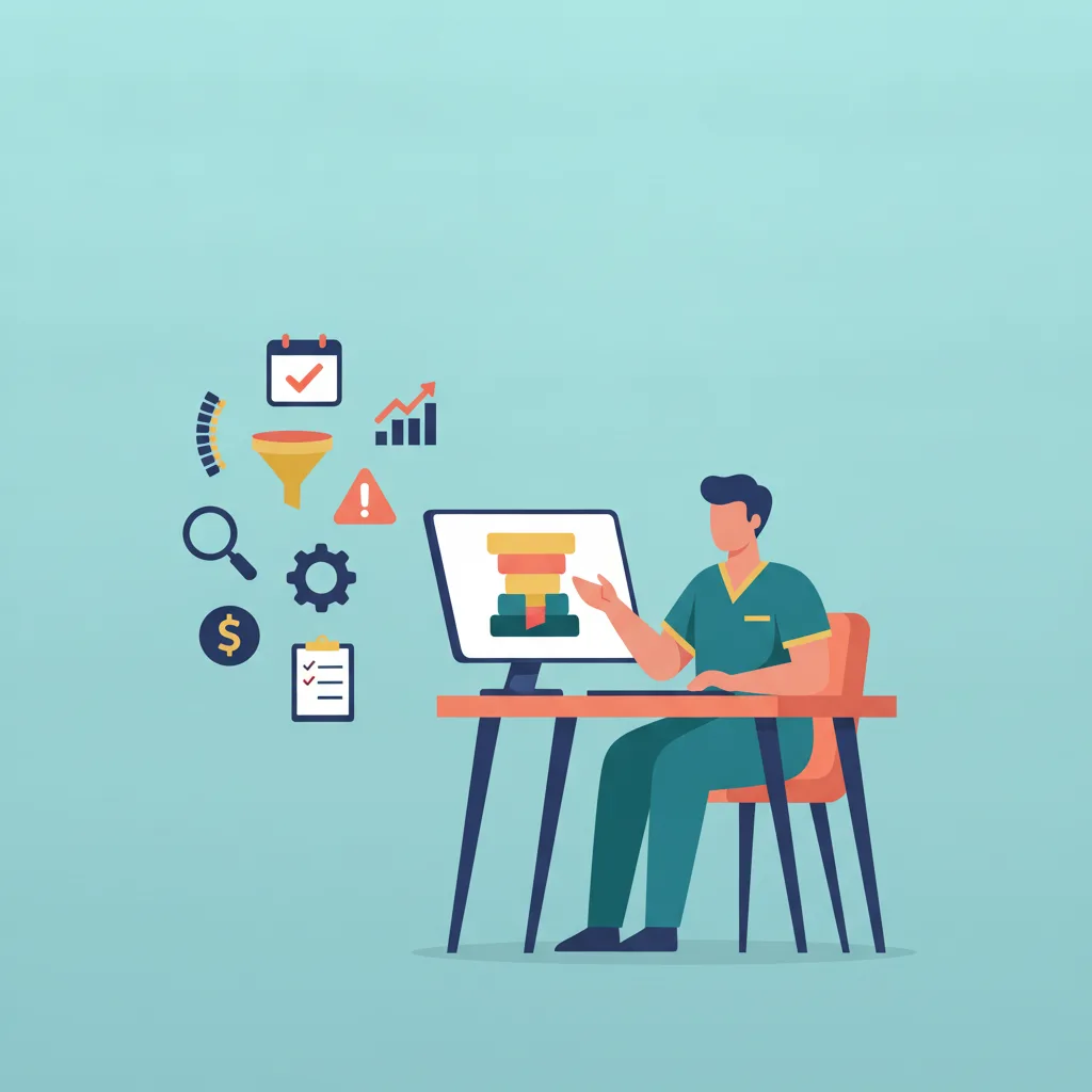 A chiropractor in scrubs reviews a funnel diagram on a monitor, with various business icons floating to the left.