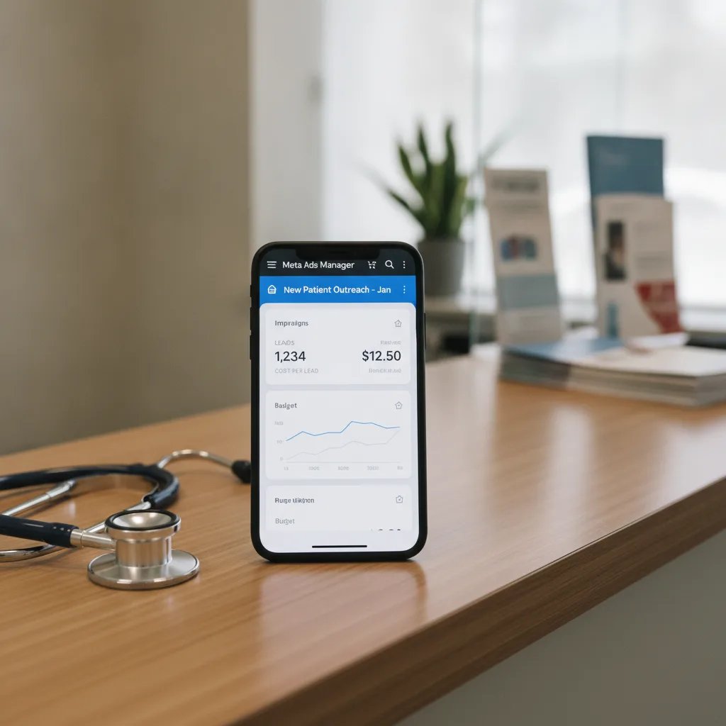 Close-up of a smartphone displaying Meta Ads Manager on a clinic reception desk with a stethoscope.