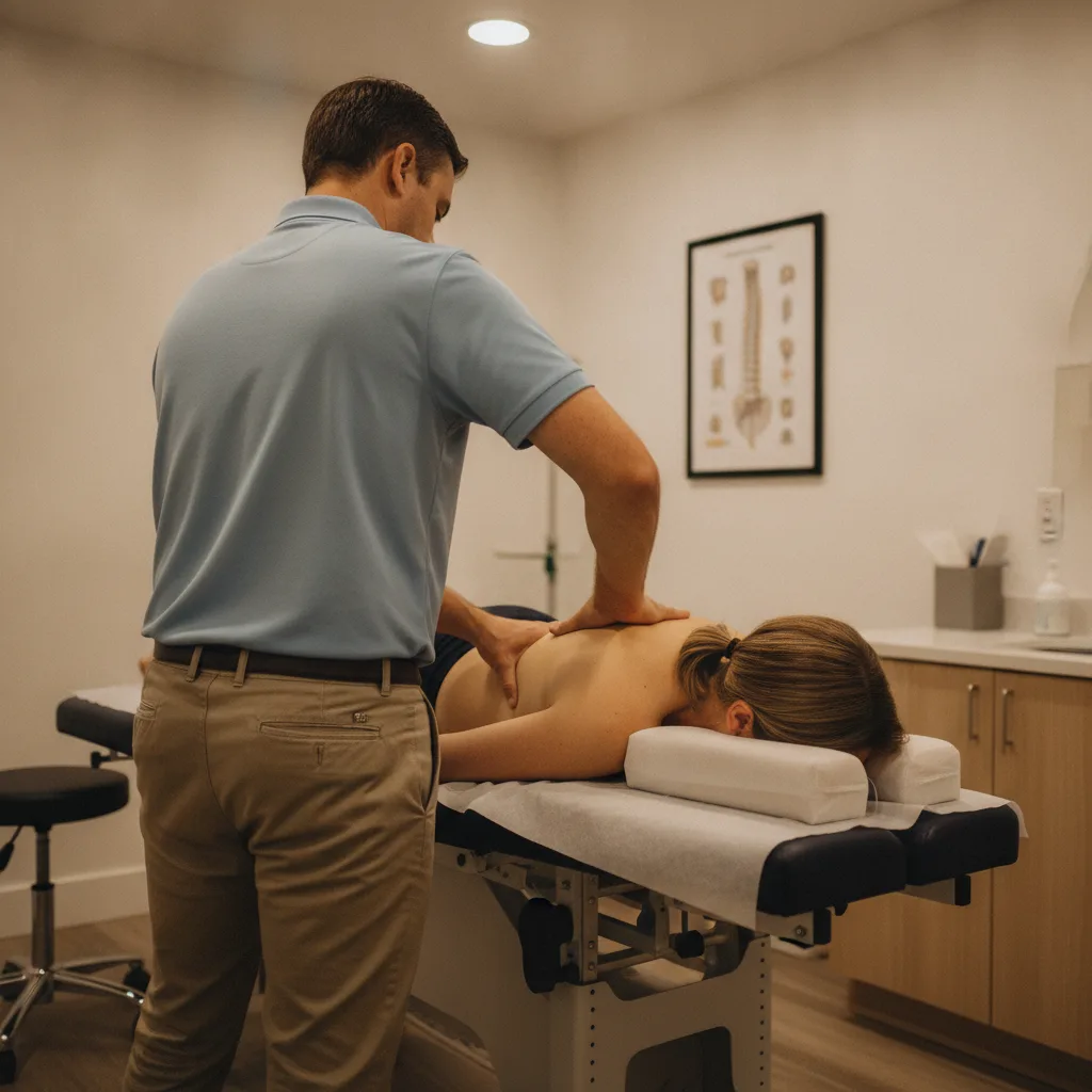 A chiropractor adjusts a patient's back in a clinic treatment room with warm, reassuring lighting.
