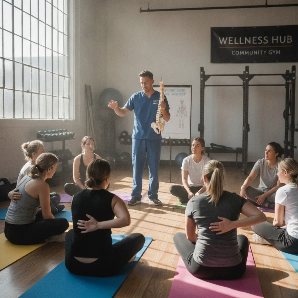 Chiropractor explaining posture with a spine model to a small group of adults seated on yoga mats in a community gym.