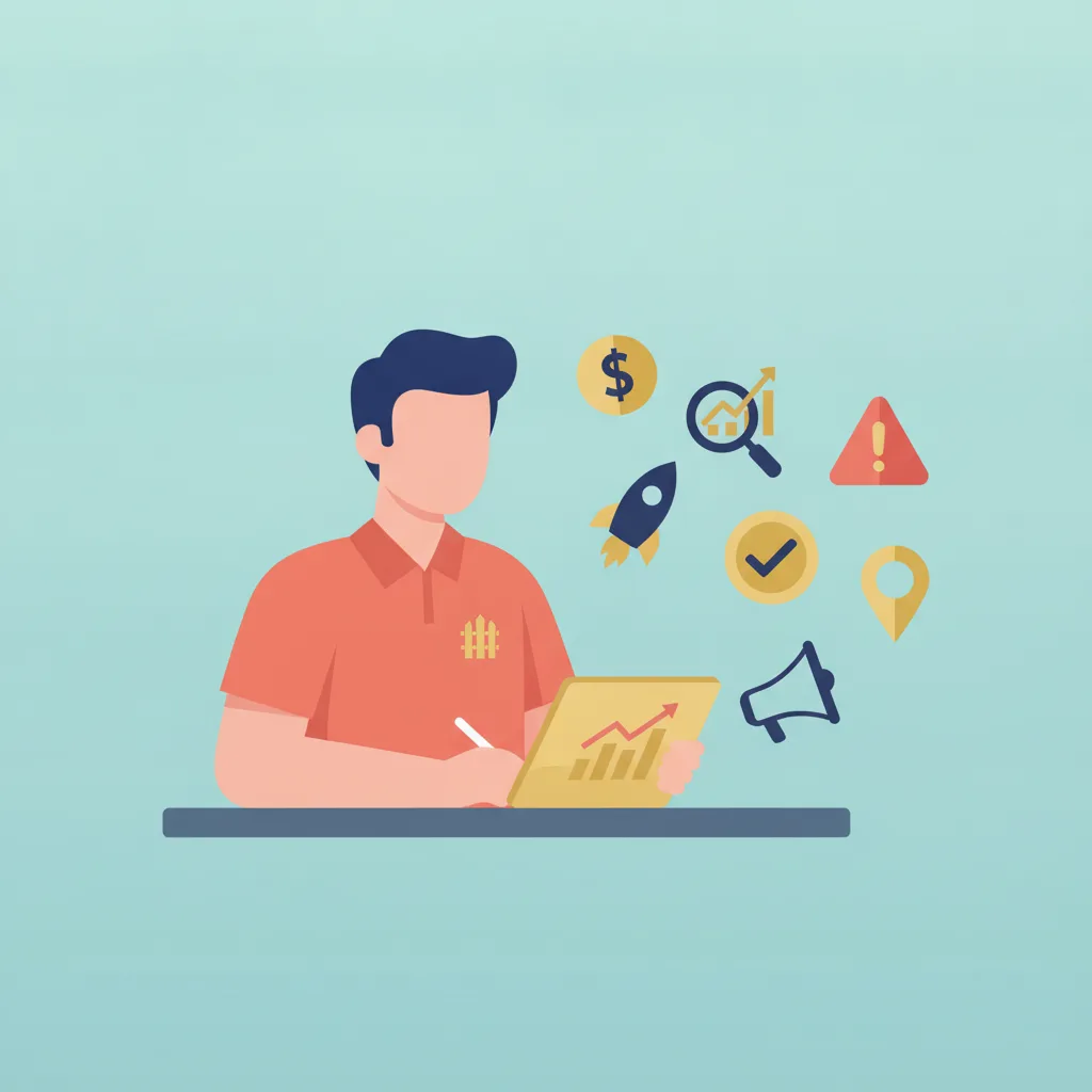 A flat vector illustration of a man in a company shirt reviewing a report with various marketing icons floating beside him.